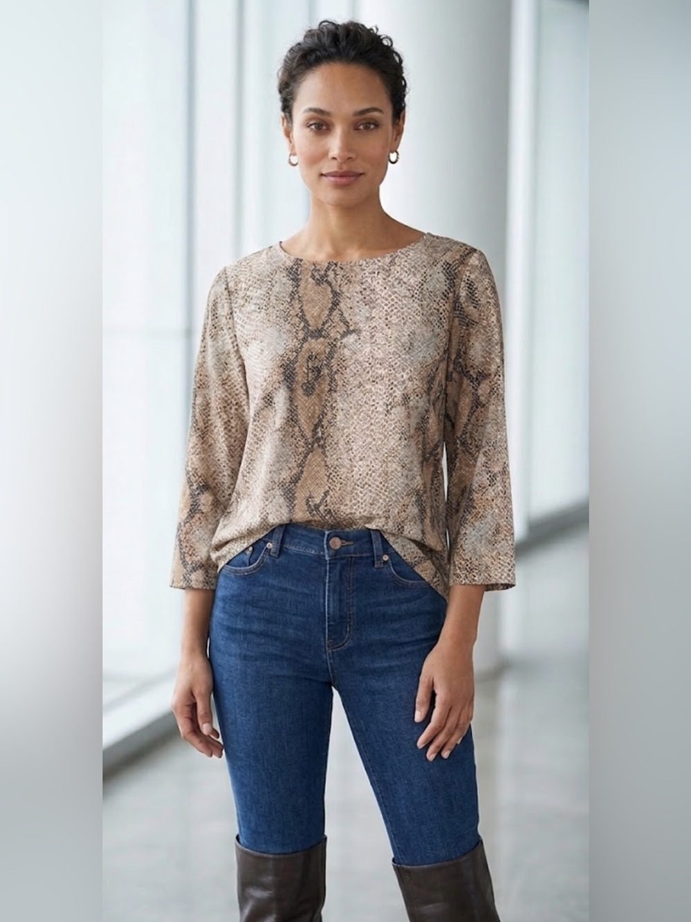The Limited Snakeskin Print Sleeve Blouse Neutral Animal Print Top